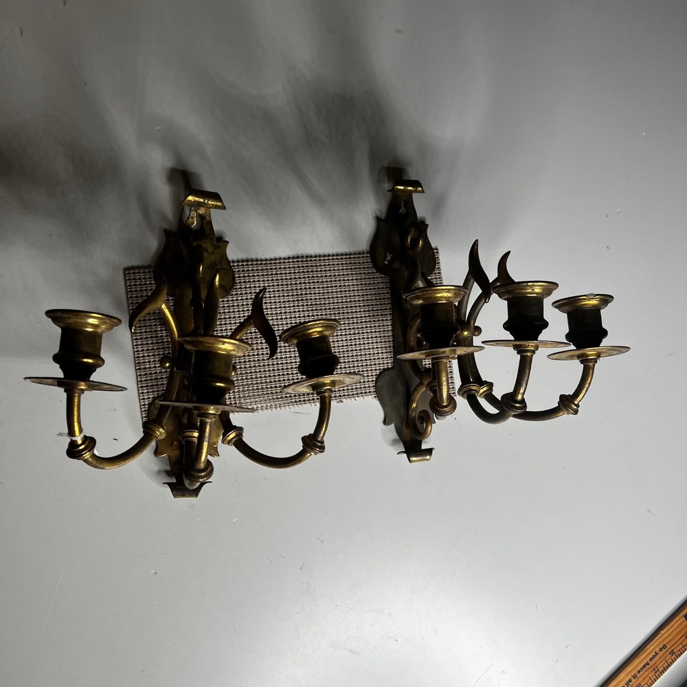 Antique Brass 3 Arm Wall Sconce Candelabra Pair Ornate Vintage Candle Holder